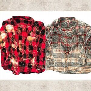 Women's Bleach Distressed Plaid Flannel Button Up Shirts Size Large Lot of 2